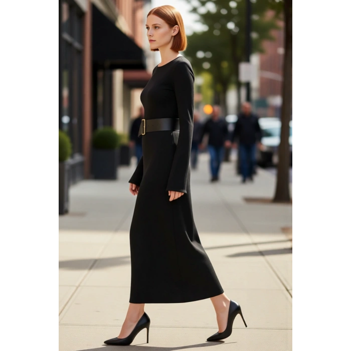 Kadın Siyah Triko Maxi Elbise Havuz Yaka A Kesim Kemerli Uzun Kollu Kış Günlük Şıklığı Kaliteli