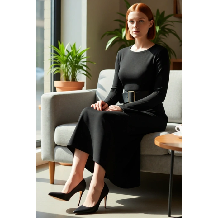 Kadın Siyah Triko Maxi Elbise Havuz Yaka A Kesim Kemerli Uzun Kollu Şık Günlük Kombinler İçin İdeal