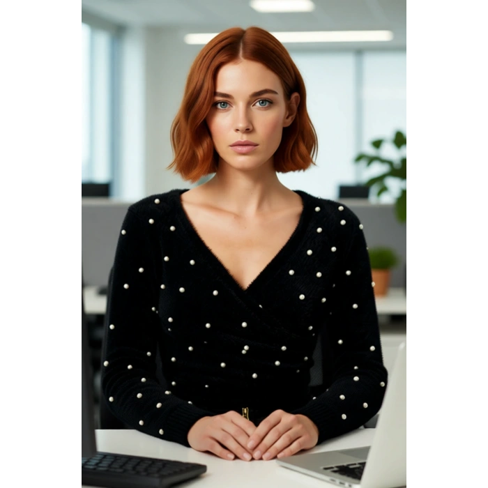 Kadın Siyah Tüylü V Yaka Super Crop İşlemeli İnci Detaylı Şık Triko Kazak Kışlık Kombinlerin Gözdesi