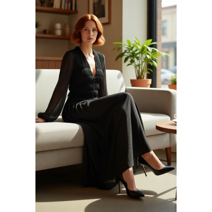 Kadın Siyah Uzun Kollu Maxi Elbise V Yaka Büzgülü Dokuma Şifon Astarlı Skater Kalıp Kış Tarzı