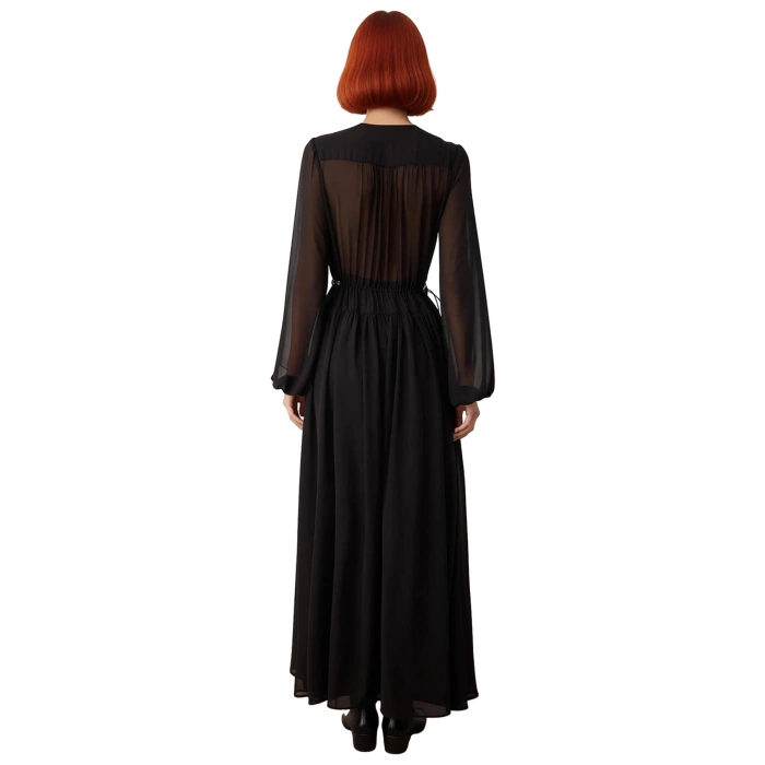 Kadın Siyah Uzun Kollu Maxi Elbise V Yaka Büzgülü Dokuma Şifon Astarlı Skater Kalıp Kış Tarzı