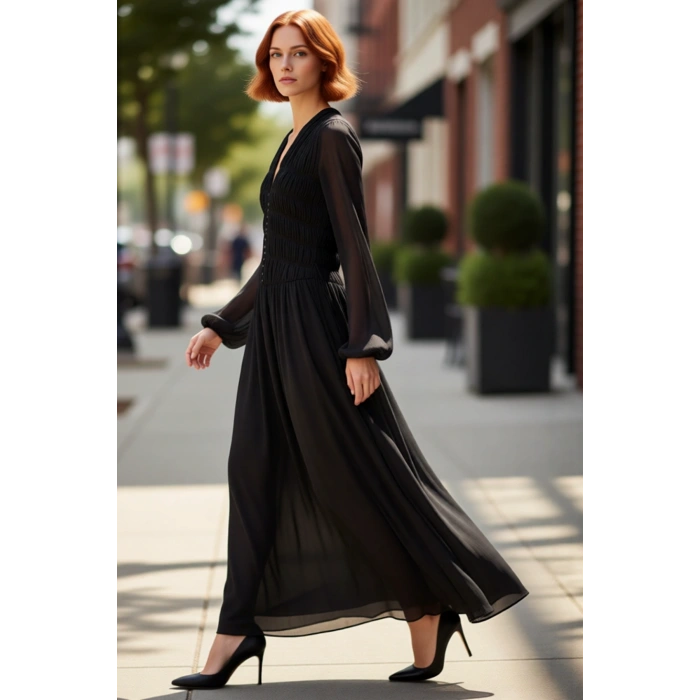 Kadın Siyah Uzun Kollu Maxi Elbise V Yaka Büzgülü Dokuma Şifon Astarlı Skater Kalıp Kış Tarzı