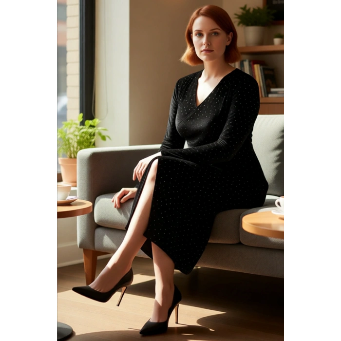 Kadın Siyah Uzun Kollu Midi Boy Kruvaze Yaka Parti Büyük Beden A Line Örme Elbise Kaliteli