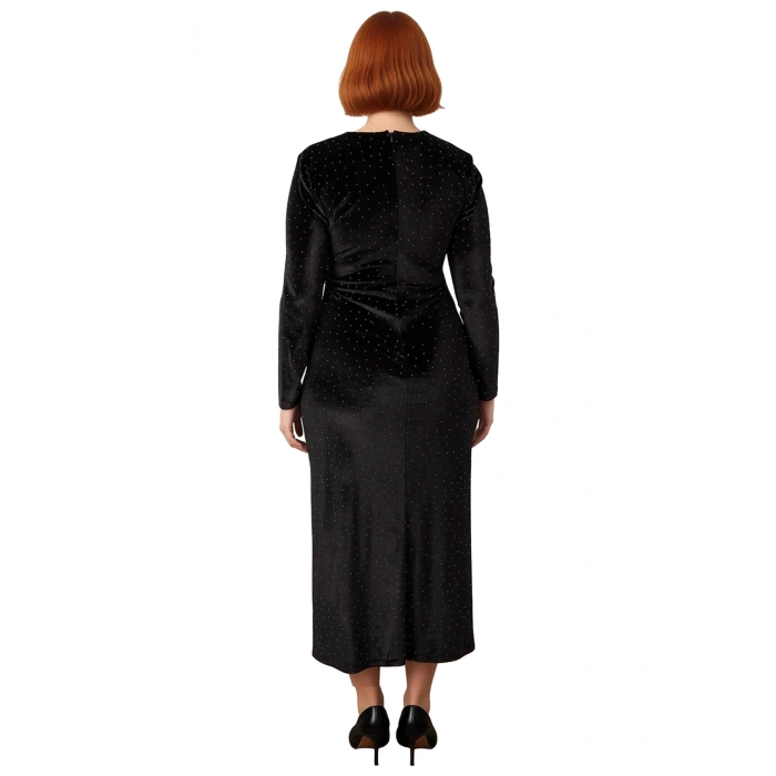 Kadın Siyah Uzun Kollu Midi Boy Kruvaze Yaka Parti Büyük Beden A Line Örme Elbise Kaliteli