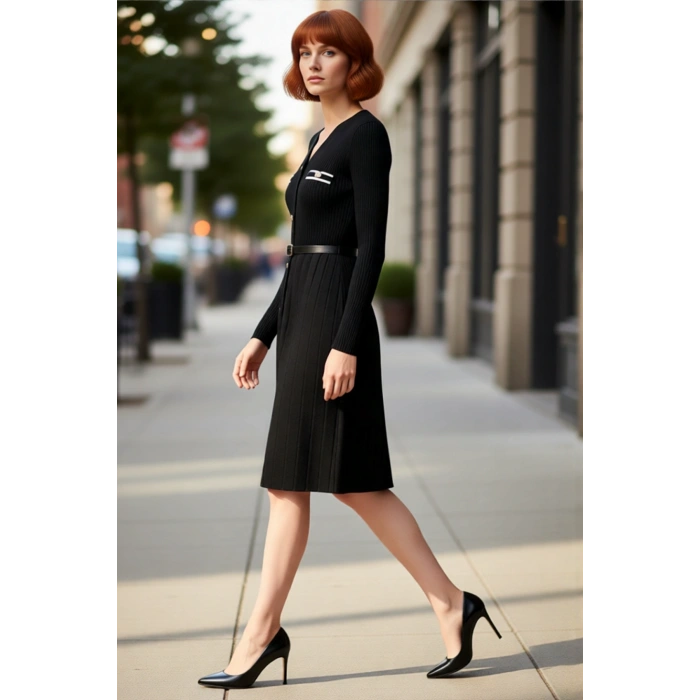 Kadın Siyah V Yaka Triko Elbise Düğme Detaylı Kemerli Midi Boy Şık ve Rahat Kışlık Tasarım