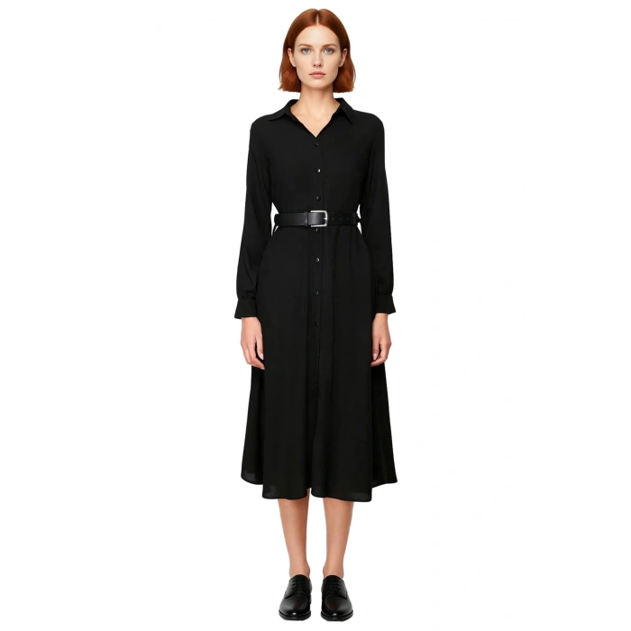 Kadın Siyah Viskoz Dokuma Midi Gömlek Elbise Kemerli Düğmeli Detayları ile Şık ve Rahat. Kaliteli