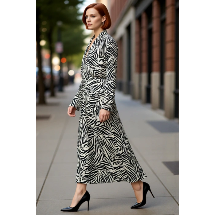 Kadın Siyah Zebra Desenli Midi Boy Uzun Kol Dokuma V Yaka Elbise Bahar ve Sonbahar İçin İdeal