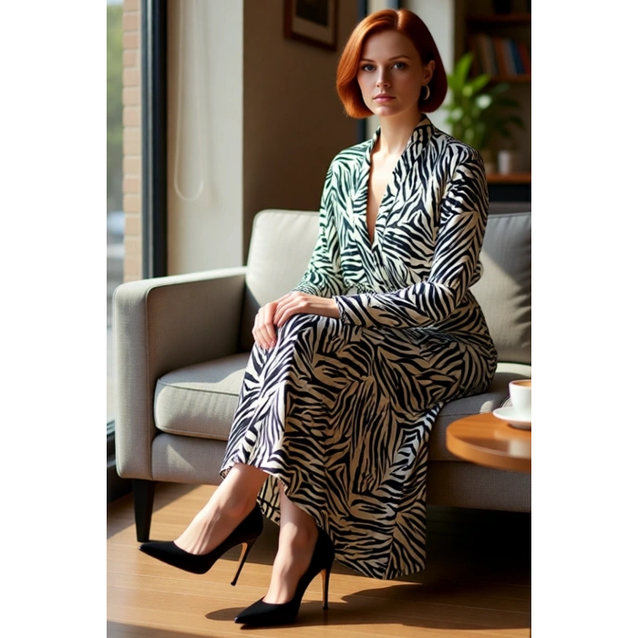 Kadın Siyah Zebra Desenli Midi Boy Uzun Kol Dokuma V Yaka Elbise Bahar ve Sonbahar İçin İdeal
