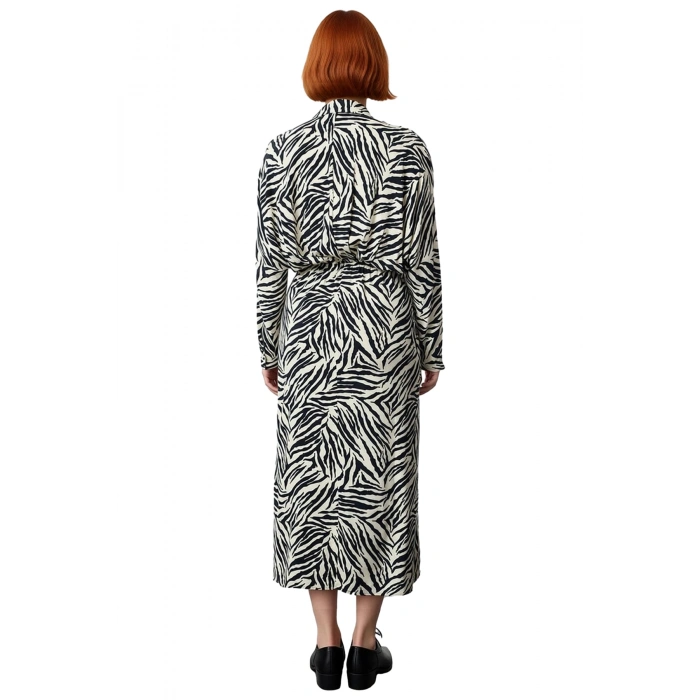 Kadın Siyah Zebra Desenli Midi Boy Uzun Kol Dokuma V Yaka Elbise Bahar ve Sonbahar İçin İdeal