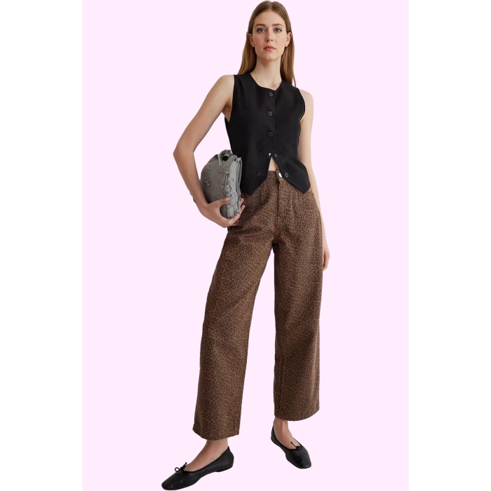 Kadın Skater Baggy Jean Pantolon Çok Leopar Desenli Pamuk Casual Yaz Aylarının Vazgeçilmezi
