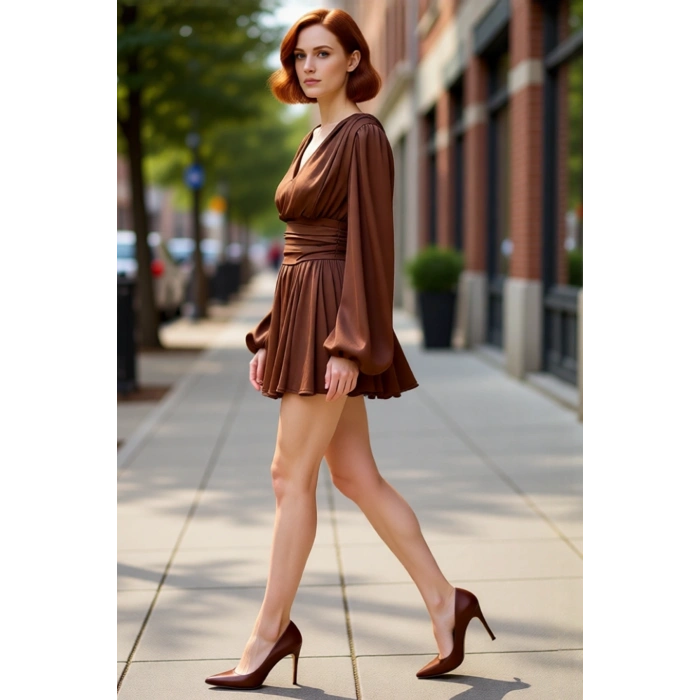 Kadın Skater Balon Kol V Yaka Mini Elbise Şık Gece Davetleri İçin İdeal Seçim Saten Dokuma