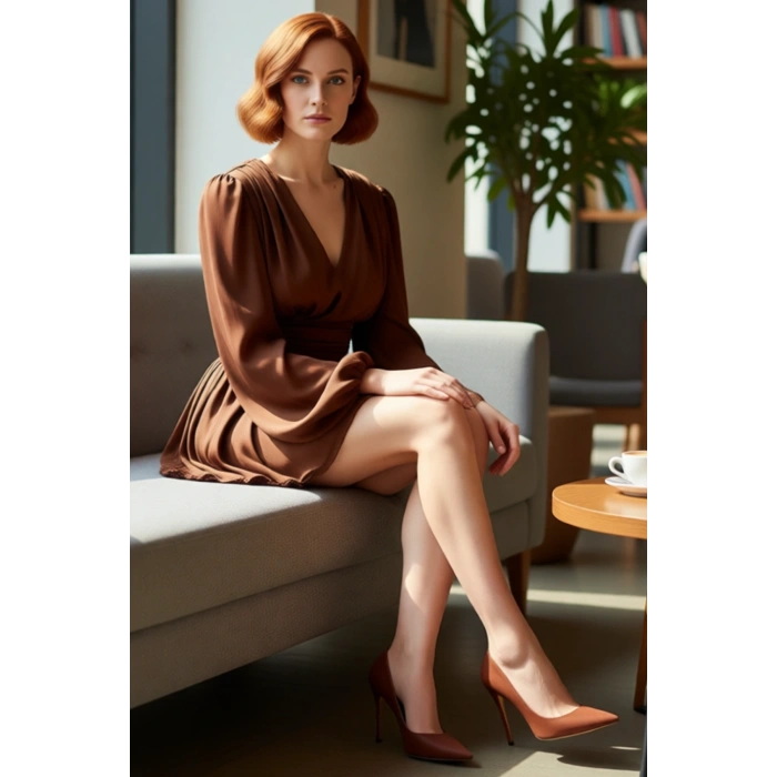 Kadın Skater Balon Kol V Yaka Mini Elbise Şık Gece Davetleri İçin İdeal Seçim Saten Dokuma