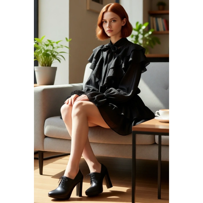 Kadın Skater Fular Yaka Balon Kol Uzun Kollu Dokuma Astarlı Mini Elbise ile Stil Sahibi Olun