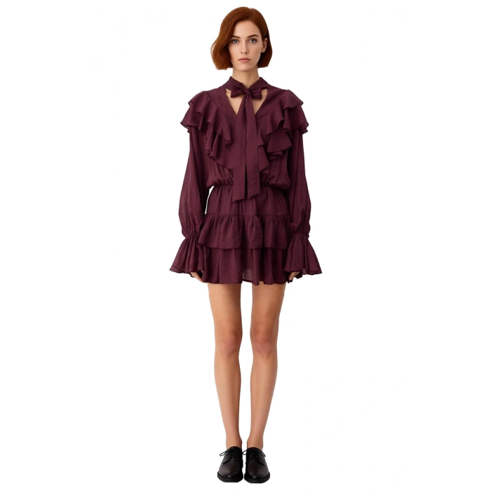 Kadın Skater Fular Yaka Balon Kol Uzun Kollu Dokuma Astarlı Mini Elbise ile Stil Sahibi Olun