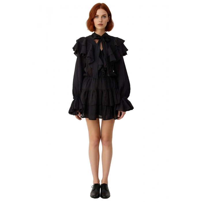 Kadın Skater Fular Yaka Balon Kol Uzun Kollu Dokuma Astarlı Mini Elbise ile Stil Sahibi Olun