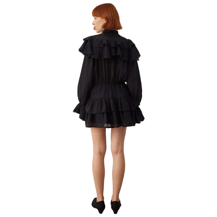 Kadın Skater Fular Yaka Balon Kol Uzun Kollu Dokuma Astarlı Mini Elbise ile Stil Sahibi Olun