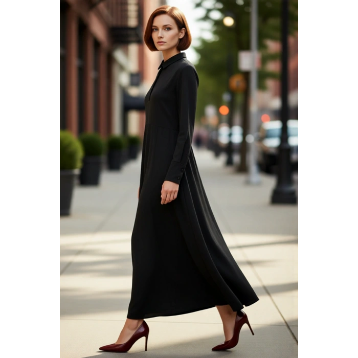 Kadın Skater Gömlek Yaka Düğmeli Uzun Kollu Maxi Boy Örme Dalgıç Elbise Günlük Şıklık Kaliteli