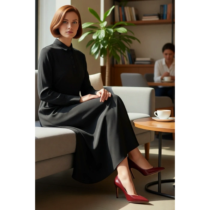 Kadın Skater Gömlek Yaka Düğmeli Uzun Kollu Maxi Boy Örme Dalgıç Elbise Günlük Şıklık Kaliteli