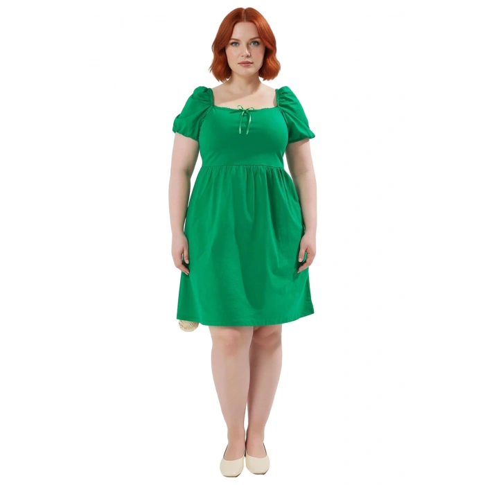 Kadın Skater Kalıp Balon Kol Kare Yaka Mini Elbise %100 Pamuklu Yazlık Konforlu Şık Tasarım