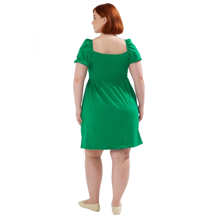 Kadın Skater Kalıp Balon Kol Kare Yaka Mini Elbise %100 Pamuklu Yazlık Konforlu Şık Tasarım