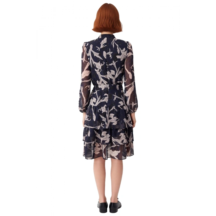 Kadın Skater Kalıp Çiçekli Dik Yaka Balon Kol Fırfırlı Midi Şifon Astarlı Şık Günlük Elbise