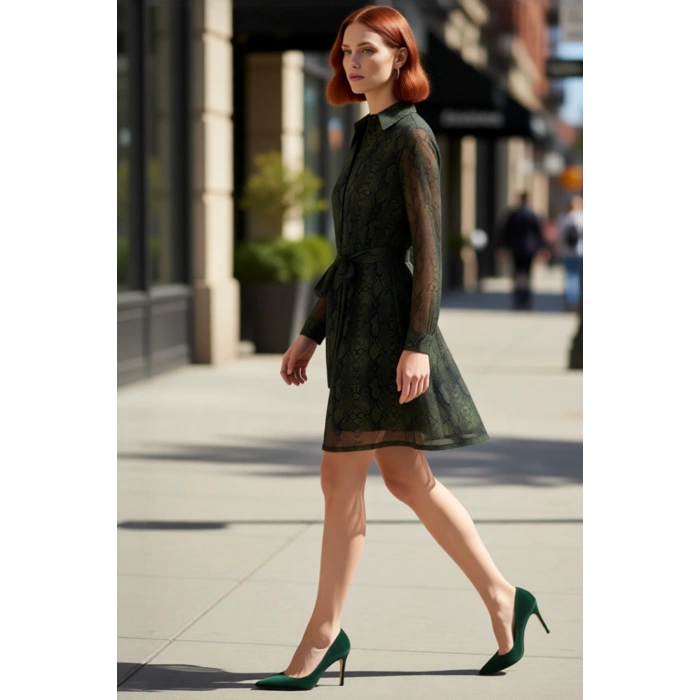 Kadın Skater Kalıp Çiçekli Şifon Gömlek Yaka Kuşaklı Mini Elbise İlkbahar Sonbahar Şıklığı