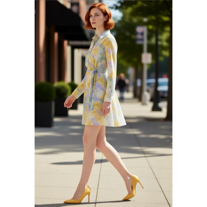 Kadın Skater Kalıp Çiçekli Şifon Gömlek Yaka Kuşaklı Mini Elbise İlkbahar Sonbahar Şıklığı