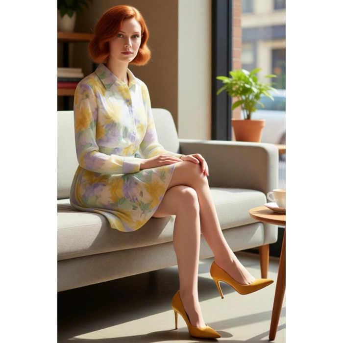 Kadın Skater Kalıp Çiçekli Şifon Gömlek Yaka Kuşaklı Mini Elbise İlkbahar Sonbahar Şıklığı