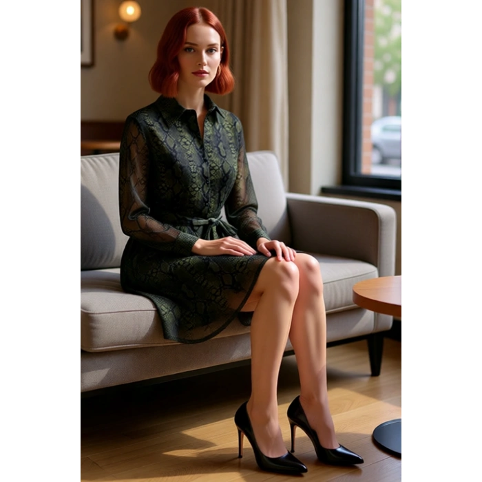 Kadın Skater Kalıp Çiçekli Şifon Gömlek Yaka Kuşaklı Mini Elbise İlkbahar Sonbahar Şıklığı