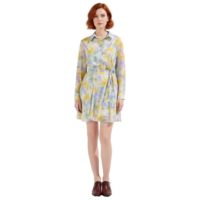 Kadın Skater Kalıp Çiçekli Şifon Gömlek Yaka Kuşaklı Mini Elbise İlkbahar Sonbahar Şıklığı