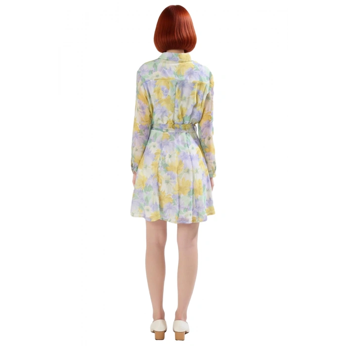 Kadın Skater Kalıp Çiçekli Şifon Gömlek Yaka Kuşaklı Mini Elbise İlkbahar Sonbahar Şıklığı