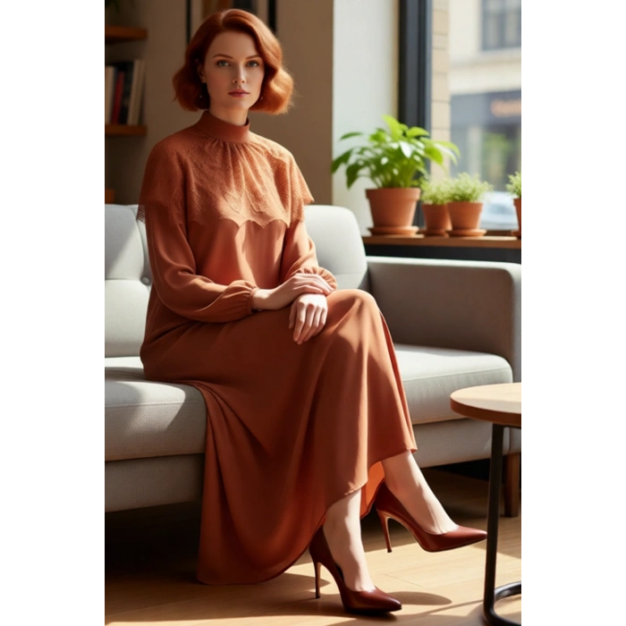 Kadın Skater Kalıp Dik Yaka Dantel Pelerin Detaylı Maxi Elbise Ramadan Koleksiyonu Şıklığı