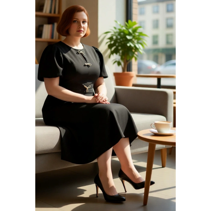 Kadın Skater Kalıp Dokuma Midi Boy Kısa Kol Şık Elbise Modern Ve Zarif Detaylarla Göz Kamaştırır