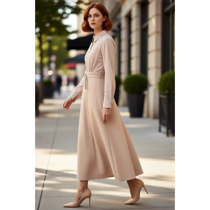 Kadın Skater Kalıp Gömlek Yaka Çizgili Maxi Dokuma Kemer Detaylı Tesettür Uzun Kollu Elbise