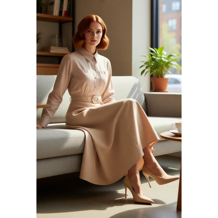 Kadın Skater Kalıp Gömlek Yaka Çizgili Maxi Dokuma Kemer Detaylı Tesettür Uzun Kollu Elbise