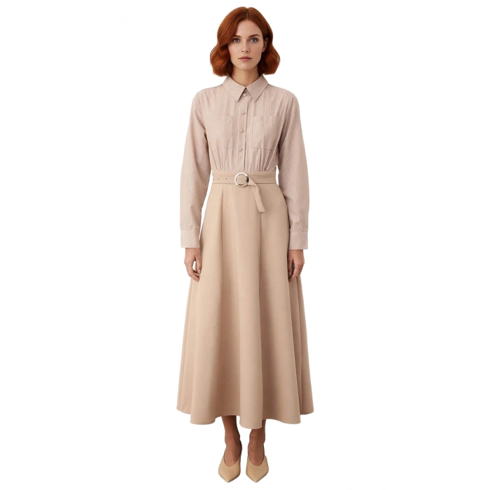 Kadın Skater Kalıp Gömlek Yaka Çizgili Maxi Dokuma Kemer Detaylı Tesettür Uzun Kollu Elbise