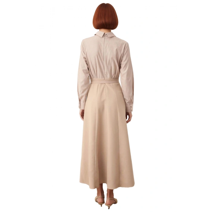 Kadın Skater Kalıp Gömlek Yaka Çizgili Maxi Dokuma Kemer Detaylı Tesettür Uzun Kollu Elbise