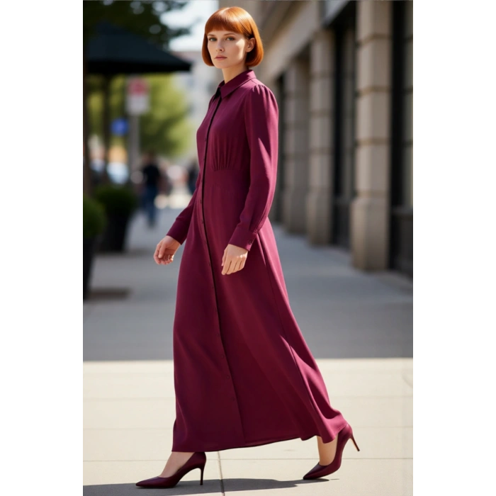 Kadın Skater Kalıp Gömlek Yaka Uzun Kollu Düz Desen Maxi Boy Viskoz Elbise Casual Günlük Kaliteli