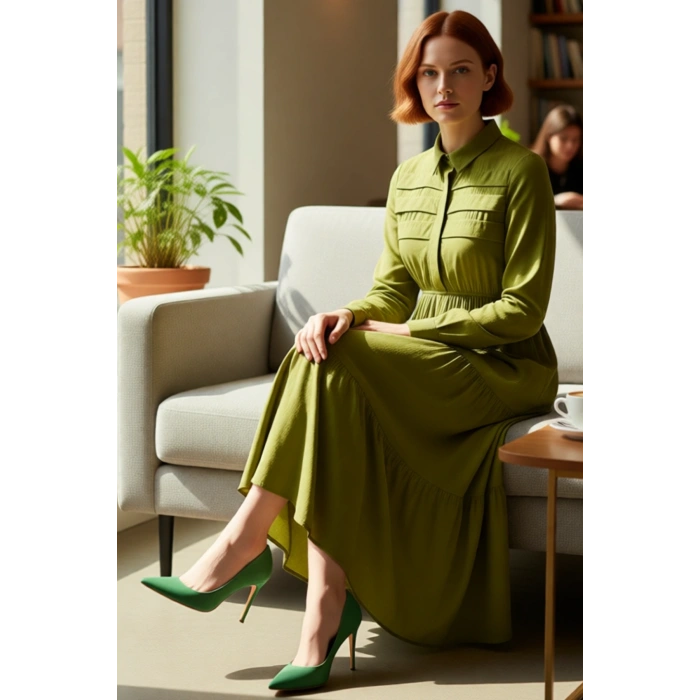 Kadın Skater Kalıp Haki Jakar Desenli Maxi Boy Gömlek Yaka Uzun Kol Dokuma Viskoz Elbise Kaliteli