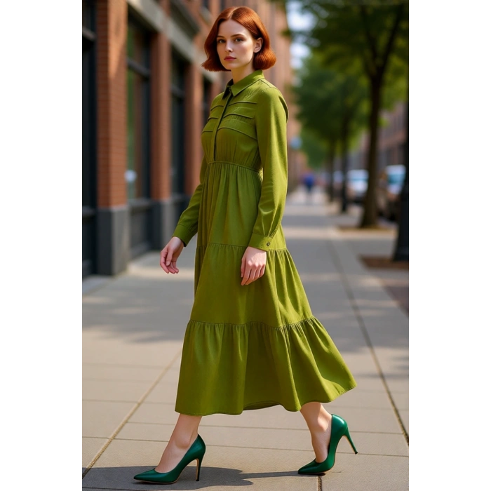 Kadın Skater Kalıp Haki Jakar Desenli Maxi Boy Gömlek Yaka Uzun Kol Dokuma Viskoz Elbise Kaliteli