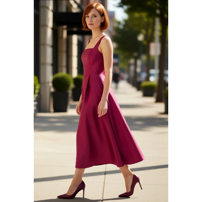 Kadın Skater Kalıp Midi Boy Saten Dokuma Kare Yaka Kokteyl Şık Mezuniyet Elbisesi Kalın Askılı