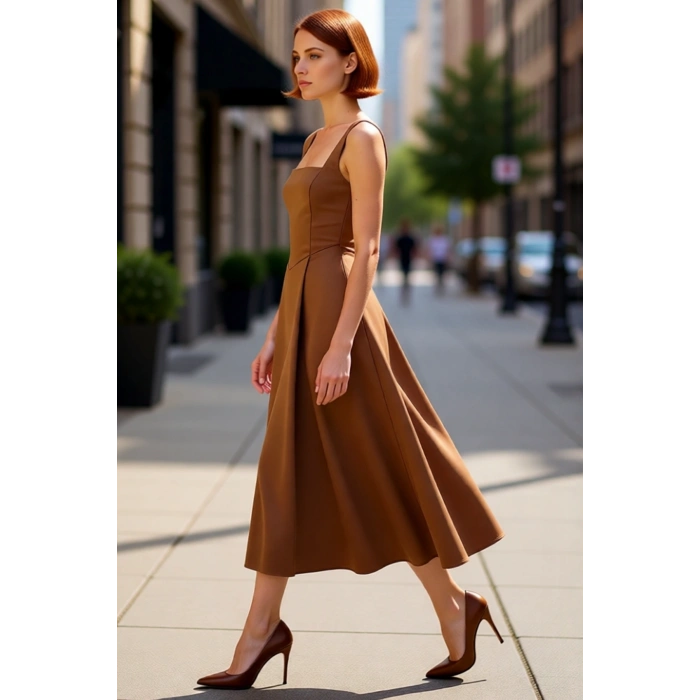 Kadın Skater Kalıp Midi Boy Saten Dokuma Kare Yaka Kokteyl Şık Mezuniyet Elbisesi Kalın Askılı