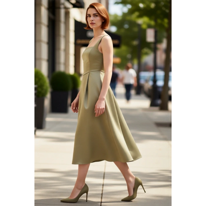 Kadın Skater Kalıp Midi Boy Saten Dokuma Kare Yaka Kokteyl Şık Mezuniyet Elbisesi Kalın Askılı