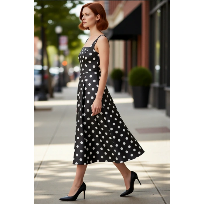 Kadın Skater Kalıp Midi Boy Saten Dokuma Kare Yaka Kokteyl Şık Mezuniyet Elbisesi Kalın Askılı