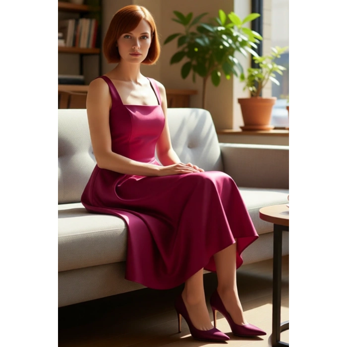 Kadın Skater Kalıp Midi Boy Saten Dokuma Kare Yaka Kokteyl Şık Mezuniyet Elbisesi Kalın Askılı