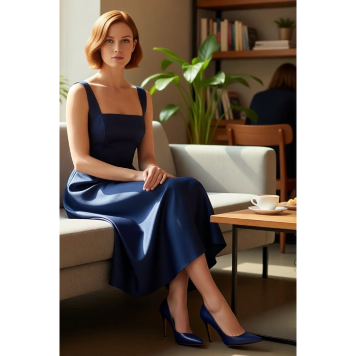 Kadın Skater Kalıp Midi Boy Saten Dokuma Kare Yaka Kokteyl Şık Mezuniyet Elbisesi Kalın Askılı