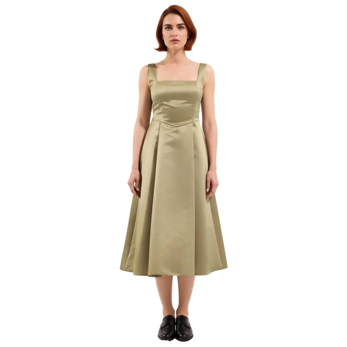 Kadın Skater Kalıp Midi Boy Saten Dokuma Kare Yaka Kokteyl Şık Mezuniyet Elbisesi Kalın Askılı