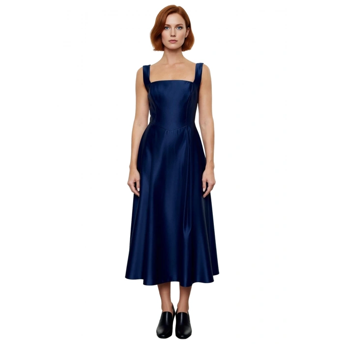 Kadın Skater Kalıp Midi Boy Saten Dokuma Kare Yaka Kokteyl Şık Mezuniyet Elbisesi Kalın Askılı