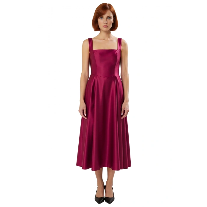 Kadın Skater Kalıp Midi Boy Saten Dokuma Kare Yaka Kokteyl Şık Mezuniyet Elbisesi Kalın Askılı