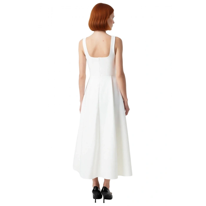 Kadın Skater Kalıp Midi Boy Saten Dokuma Kare Yaka Kokteyl Şık Mezuniyet Elbisesi Kalın Askılı